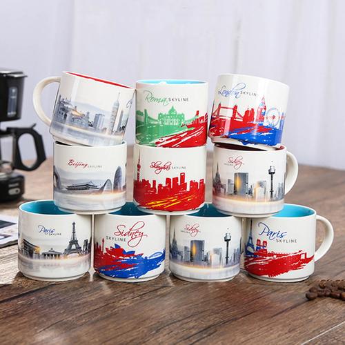 创意陶瓷水杯咖啡杯 城市建筑涂鸦彩色马克杯 图案日用杯子